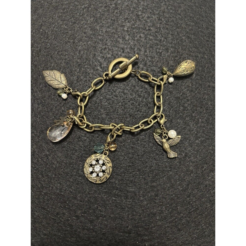Vintage Antique Charm Bracelet Leaf Dragonfly Dove